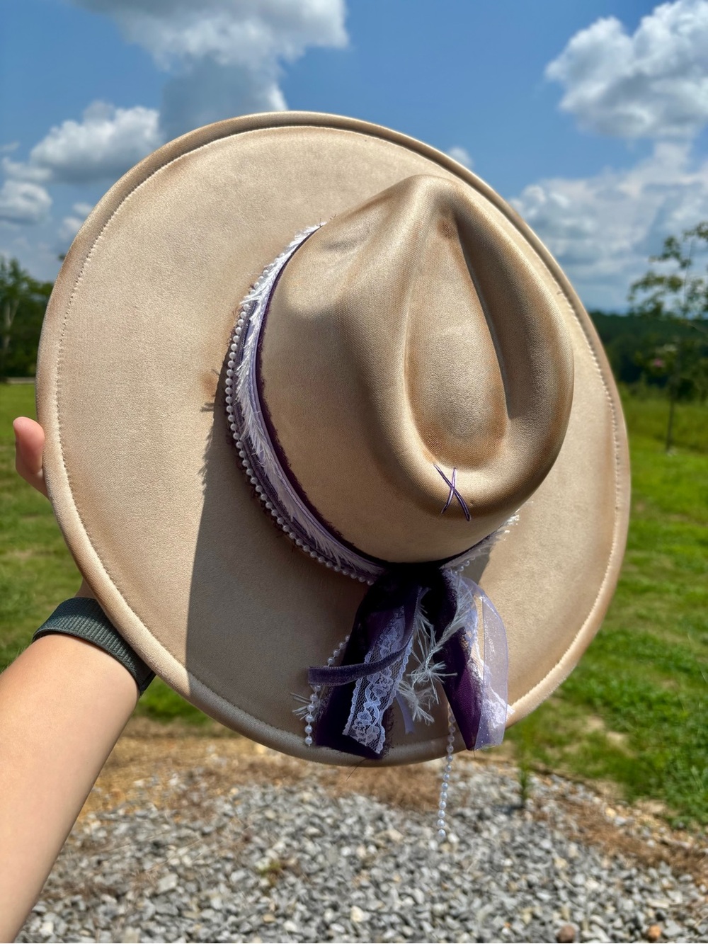 Beige Wide-Brim Fedora Hat with Purple Accent